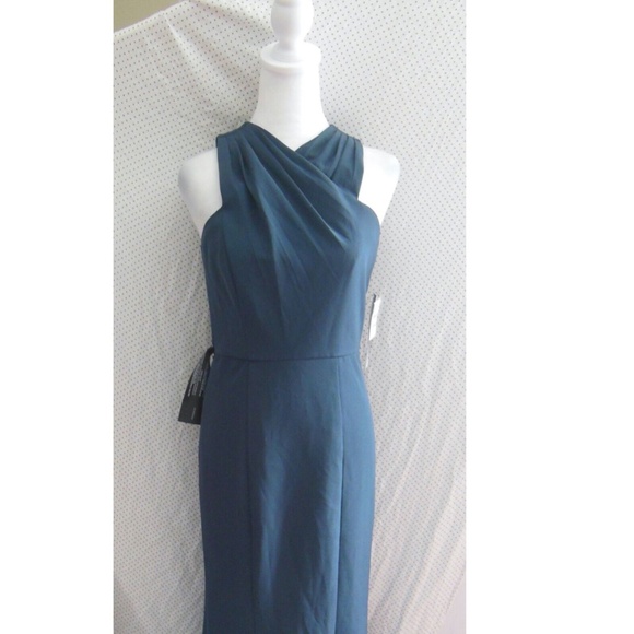 NEW KAY UNGER Prussian Blue TALIA Stretch Crepe PLEATED HALTER Column GOWN 2 - Picture 6 of 12